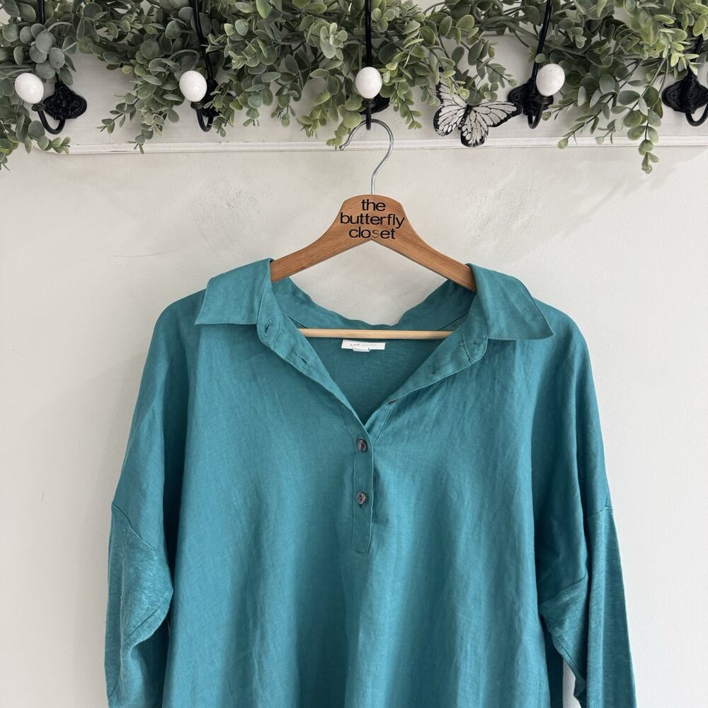 J. Jill 100% Linen Collared Teal Half Button Shirt Medium Pb View 2